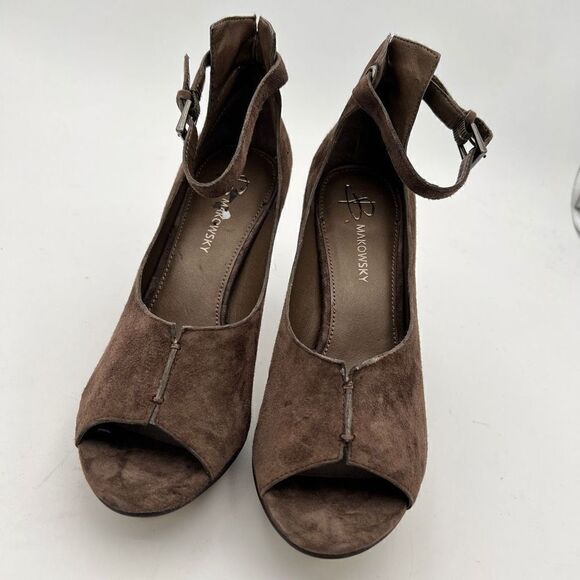 B. Makowsky Heels Women's 6M Brown Suede Leather Ankle Strap Open Toe Platform - Picture 2 of 10